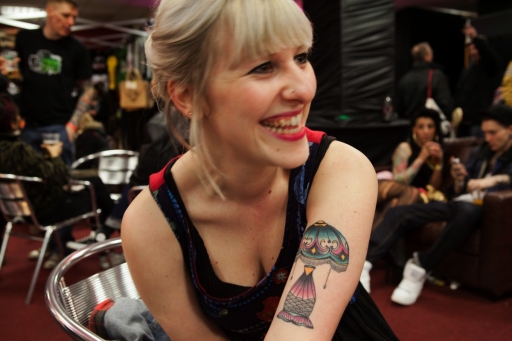 Showing off my new tattoo at the London Tattoo Convention (shortly before this photo my tattoo was spotted to be featured in Bizarre magazine!)